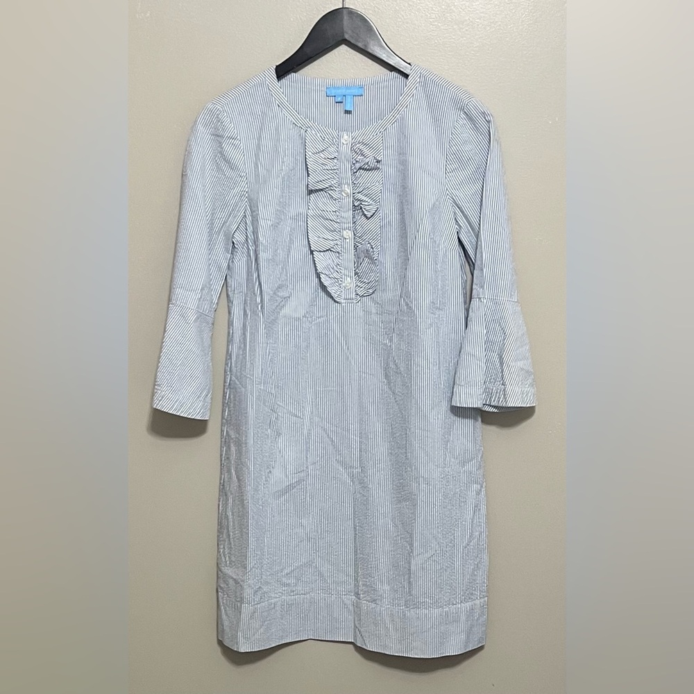 Draper James Seersucker Ruffle Shift Dress Three Quarter Bell Sleeve Cotton  2